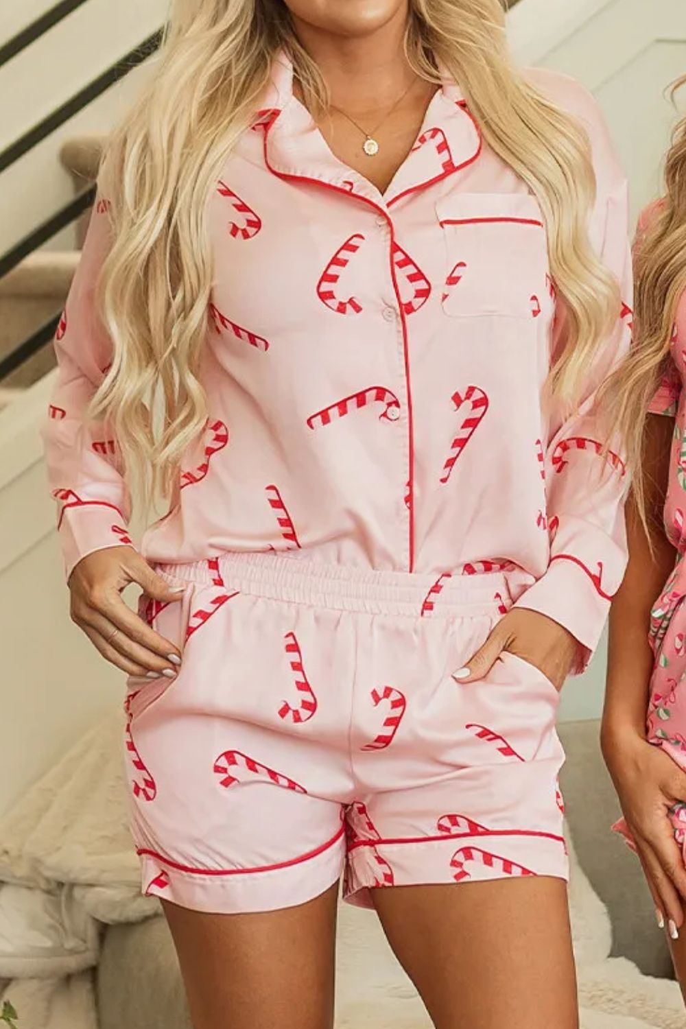 Candy Cane Collared Neck Long Sleeve Top and Shorts Lounge Set - NawdeX