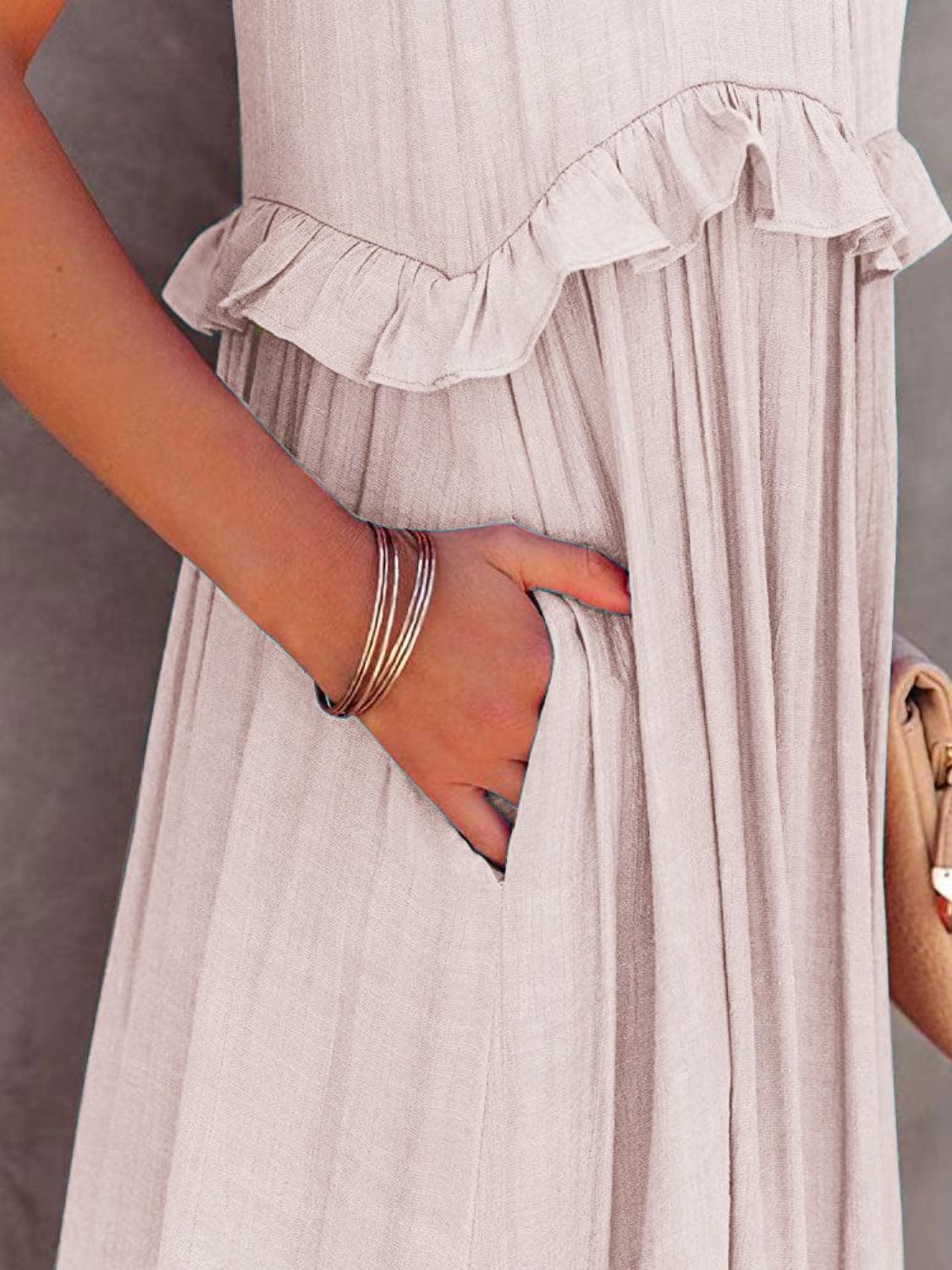 Ruffled Sleeveless Maxi Dress with Pockets - NawdeX