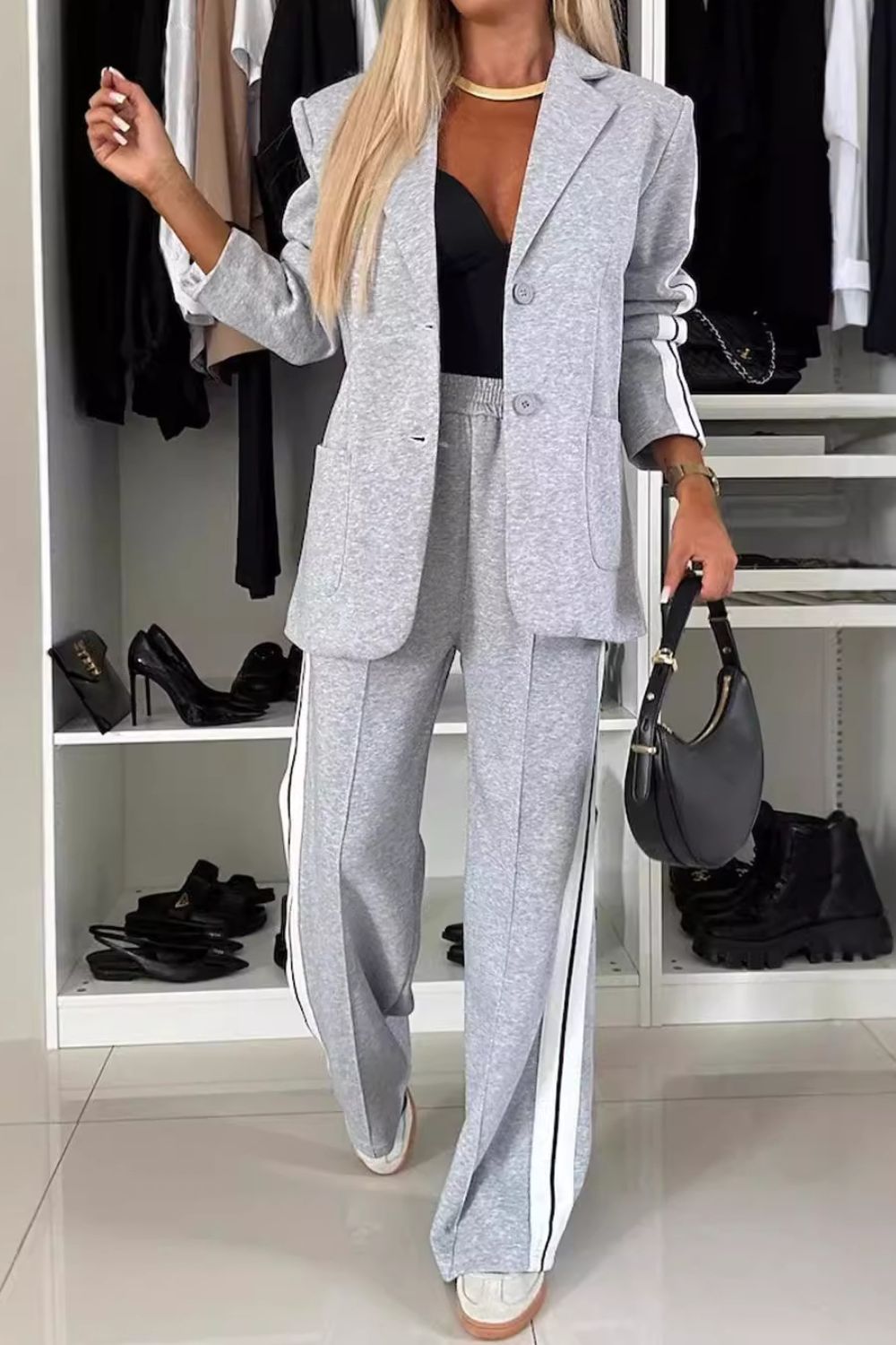 Full Size Contrast Lapel Collar Top and Pants Set - NawdeX