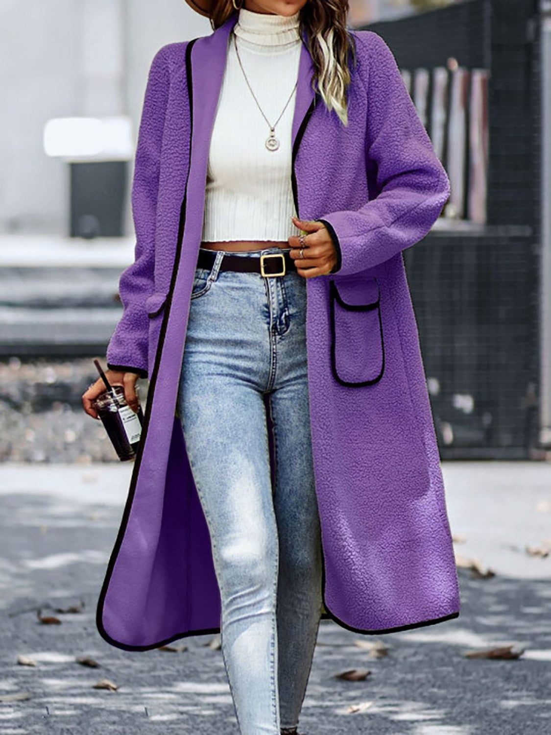 Full Size Contrast Trim Long Sleeve Coat with Pockets - NawdeX