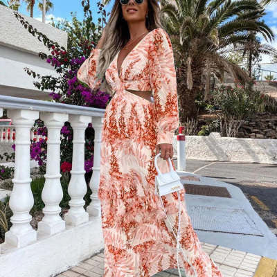 Hollow Floral V-neck Long-sleeved  Dress