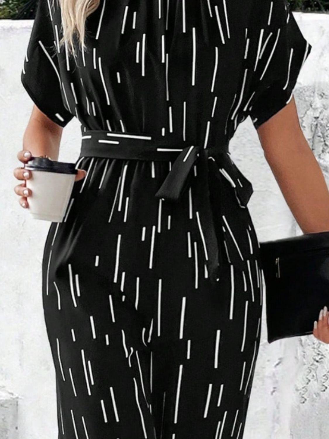 Tied Printed Mock Neck Wide Leg Jumpsuit - NawdeX