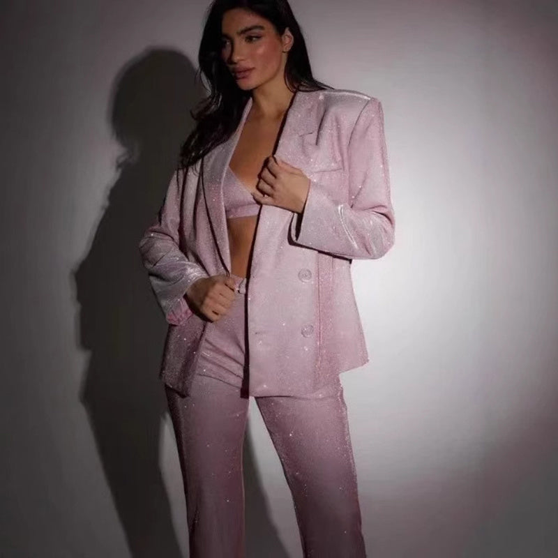 3pcs Shiny Blazer Trousers Set - NawdeX