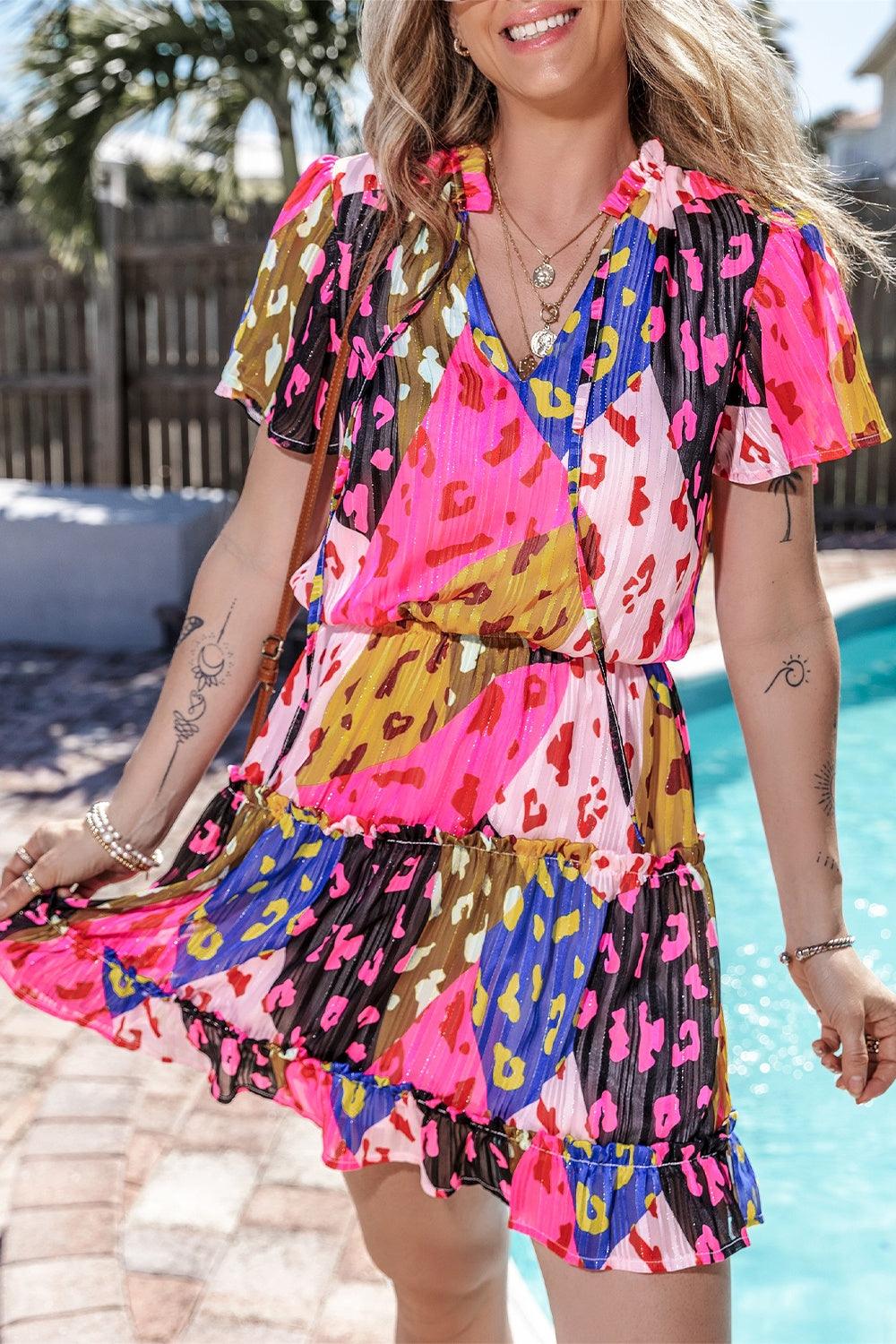 Printed Tie Neck Short Sleeve Mini Dress - NawdeX
