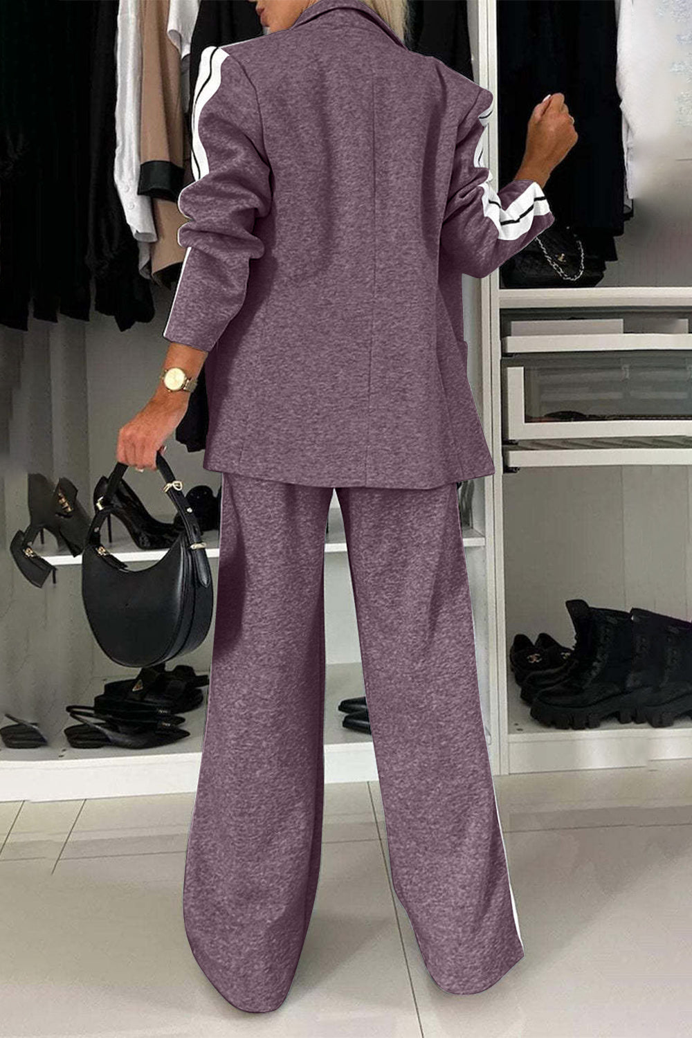 Full Size Contrast Lapel Collar Top and Pants Set - NawdeX
