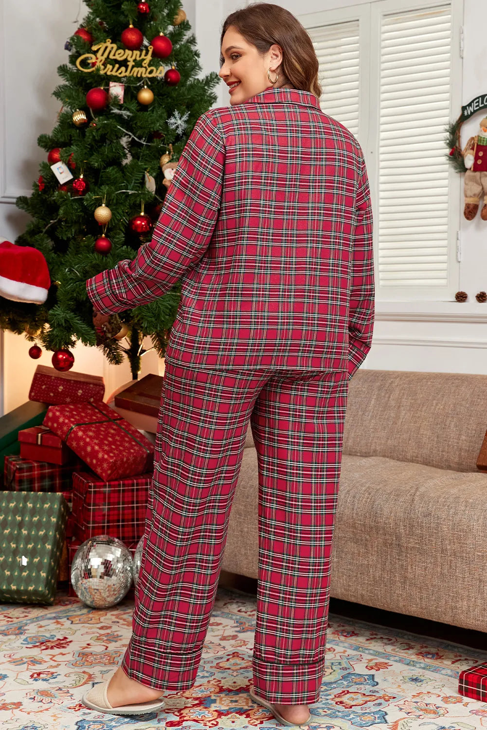 Plus Size Plaid Collared Neck Top and Pants Lounge Set - NawdeX