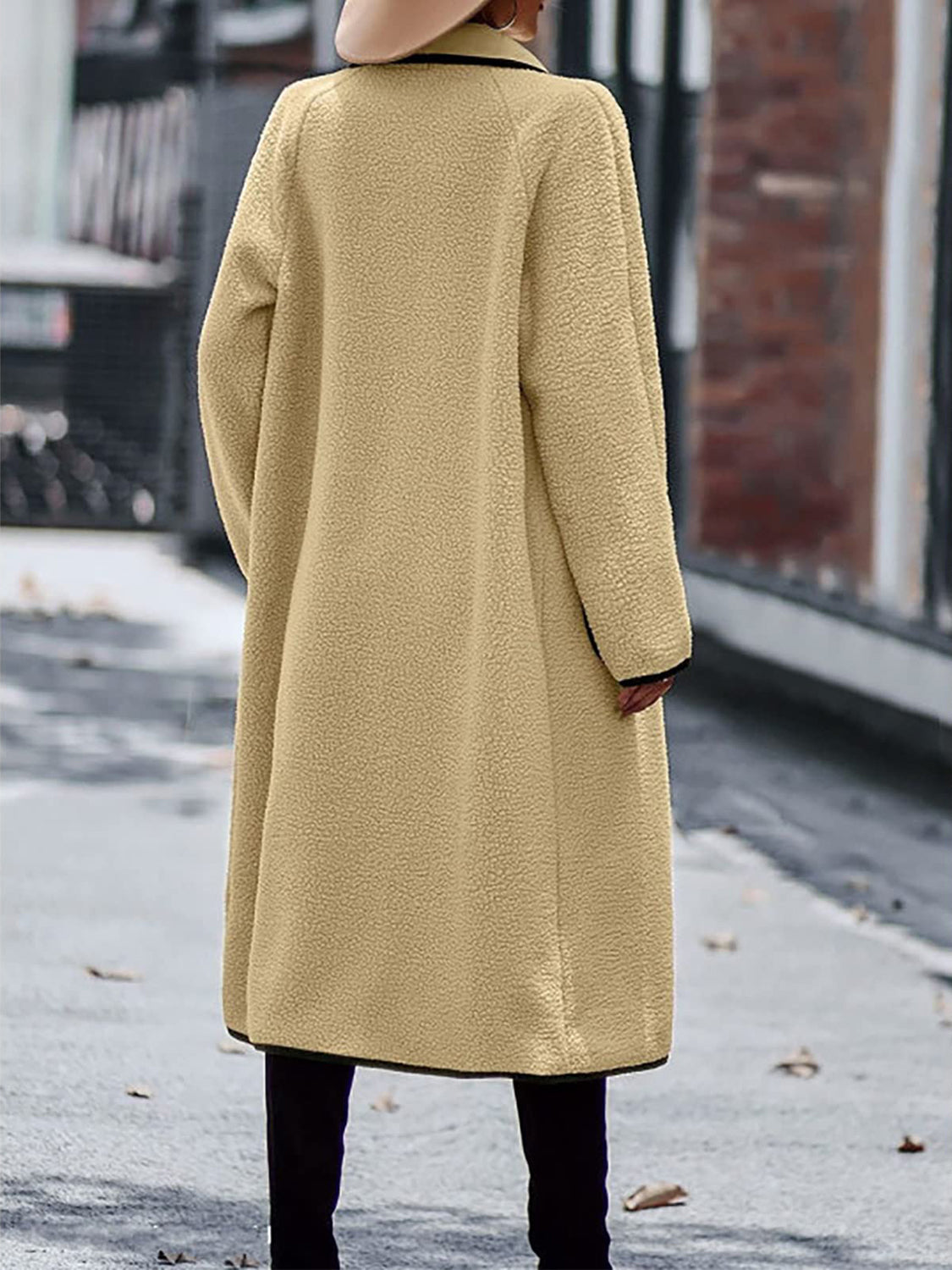 Full Size Contrast Trim Long Sleeve Coat with Pockets - NawdeX