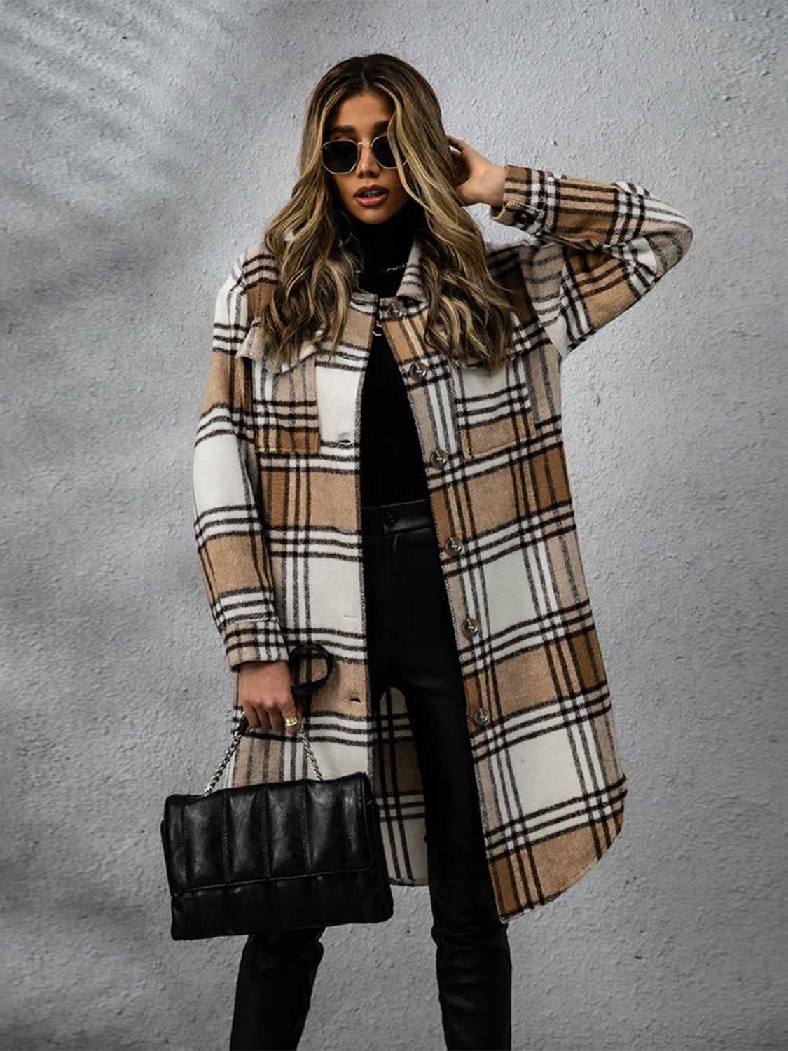 Plaid Collared Neck Long Sleeve Coat - NawdeX