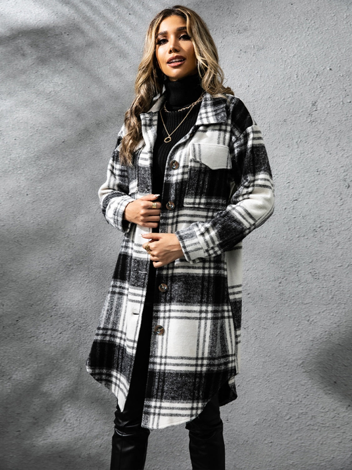 Plaid Collared Neck Long Sleeve Coat - NawdeX