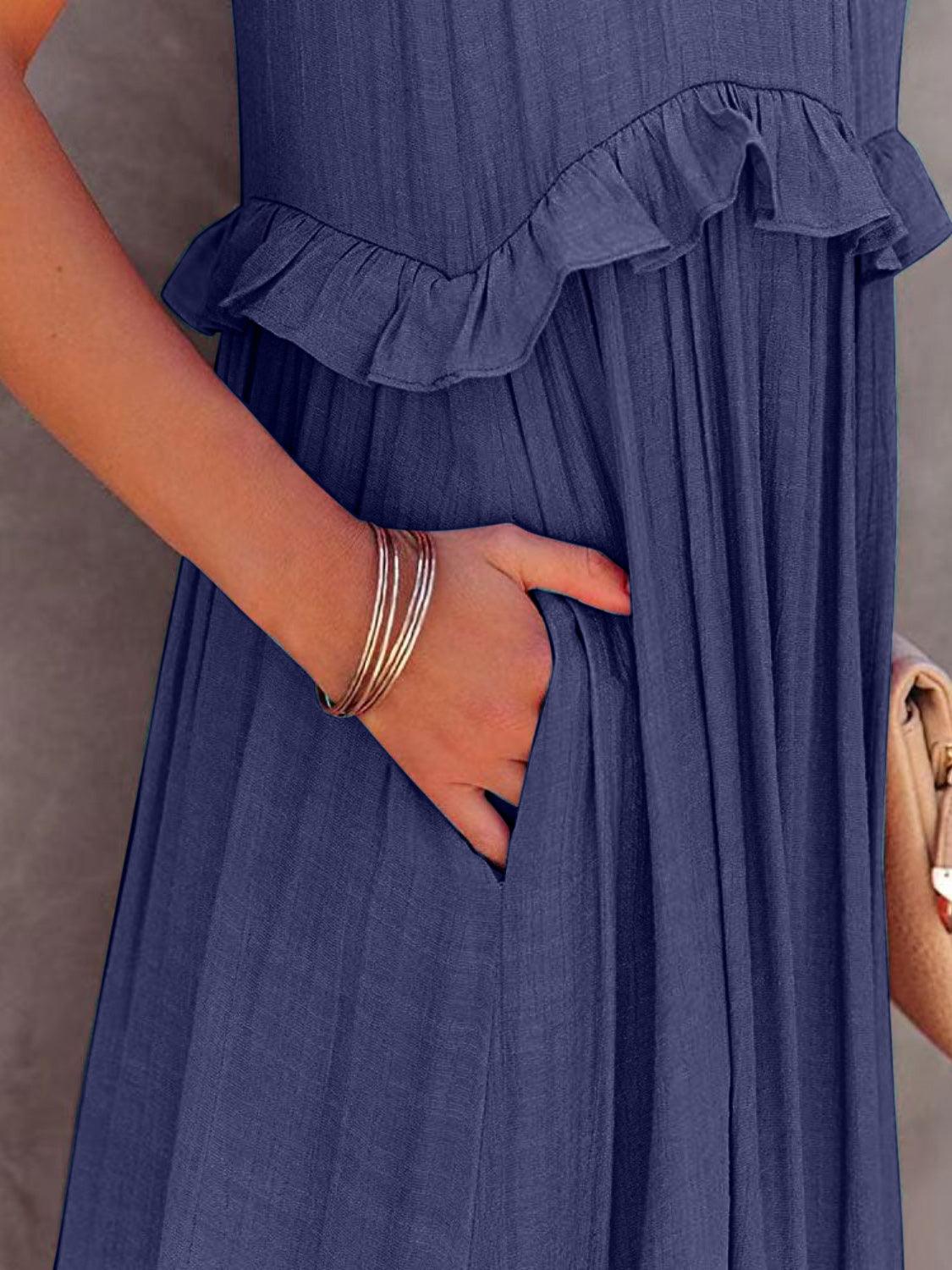 Ruffled Sleeveless Maxi Dress with Pockets - NawdeX