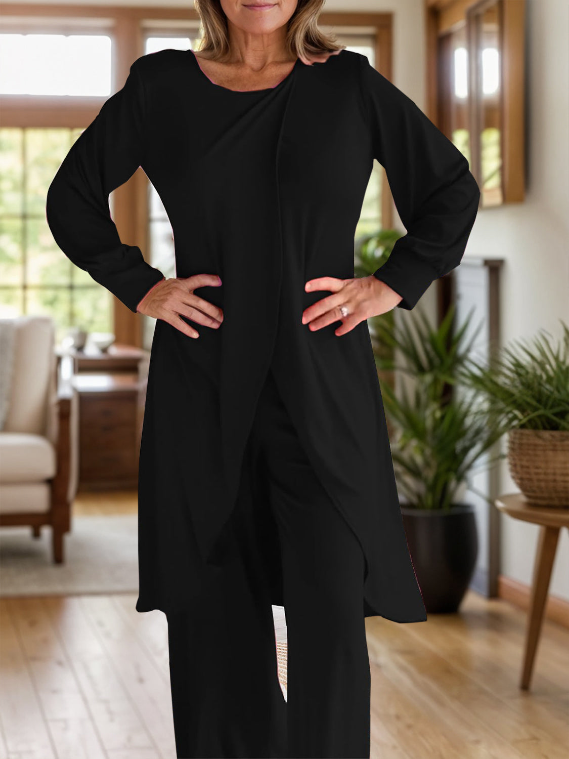 Full Size Slit Round Neck Long Sleeve Top and Pants Set - NawdeX