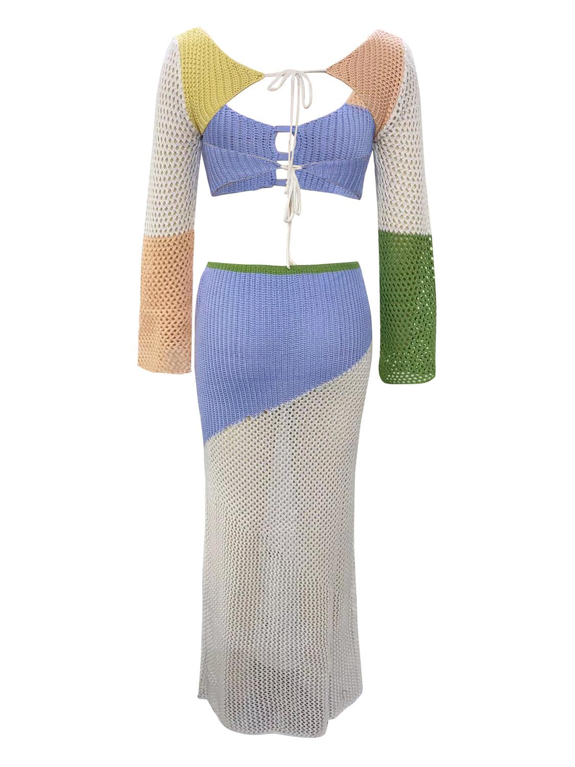 Tied Long Sleeve Top and Skirt Cover Up Set - NawdeX