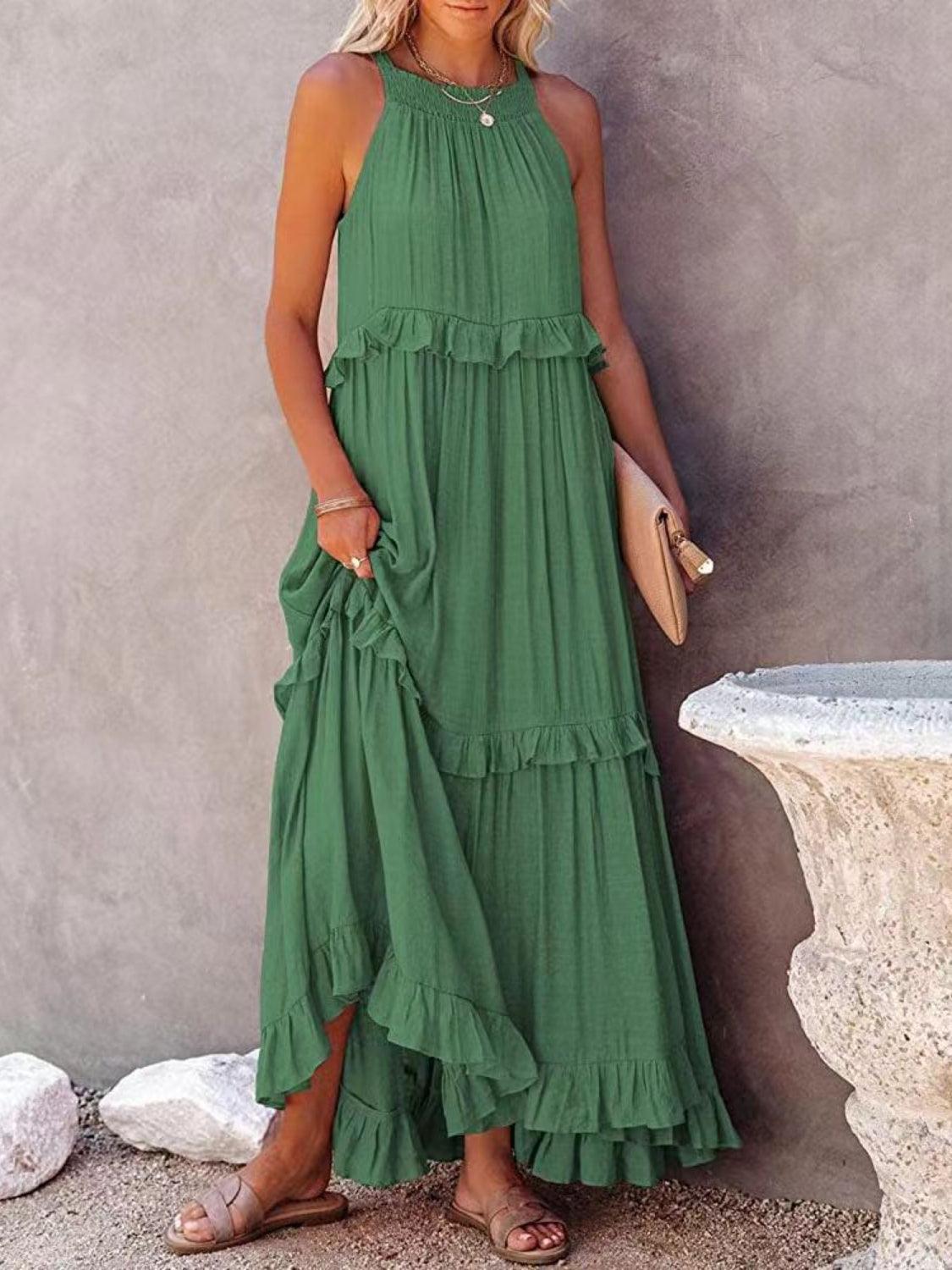 Ruffled Sleeveless Maxi Dress with Pockets - NawdeX