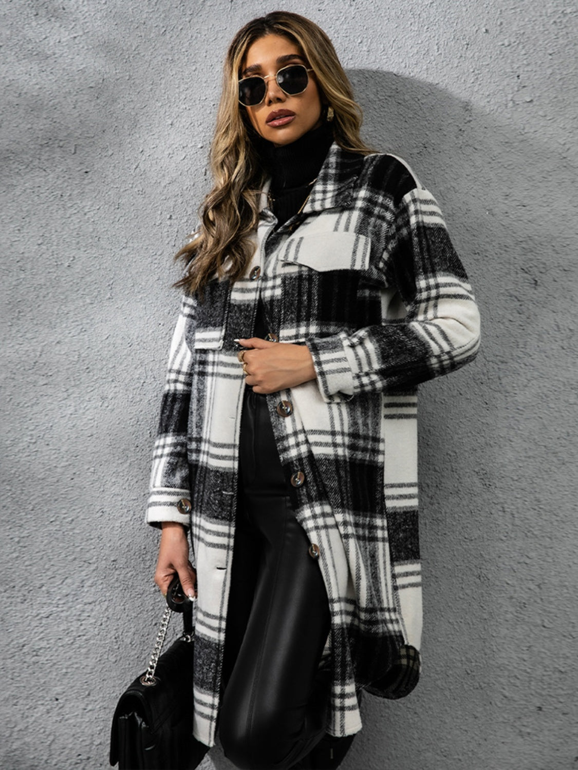 Plaid Collared Neck Long Sleeve Coat - NawdeX