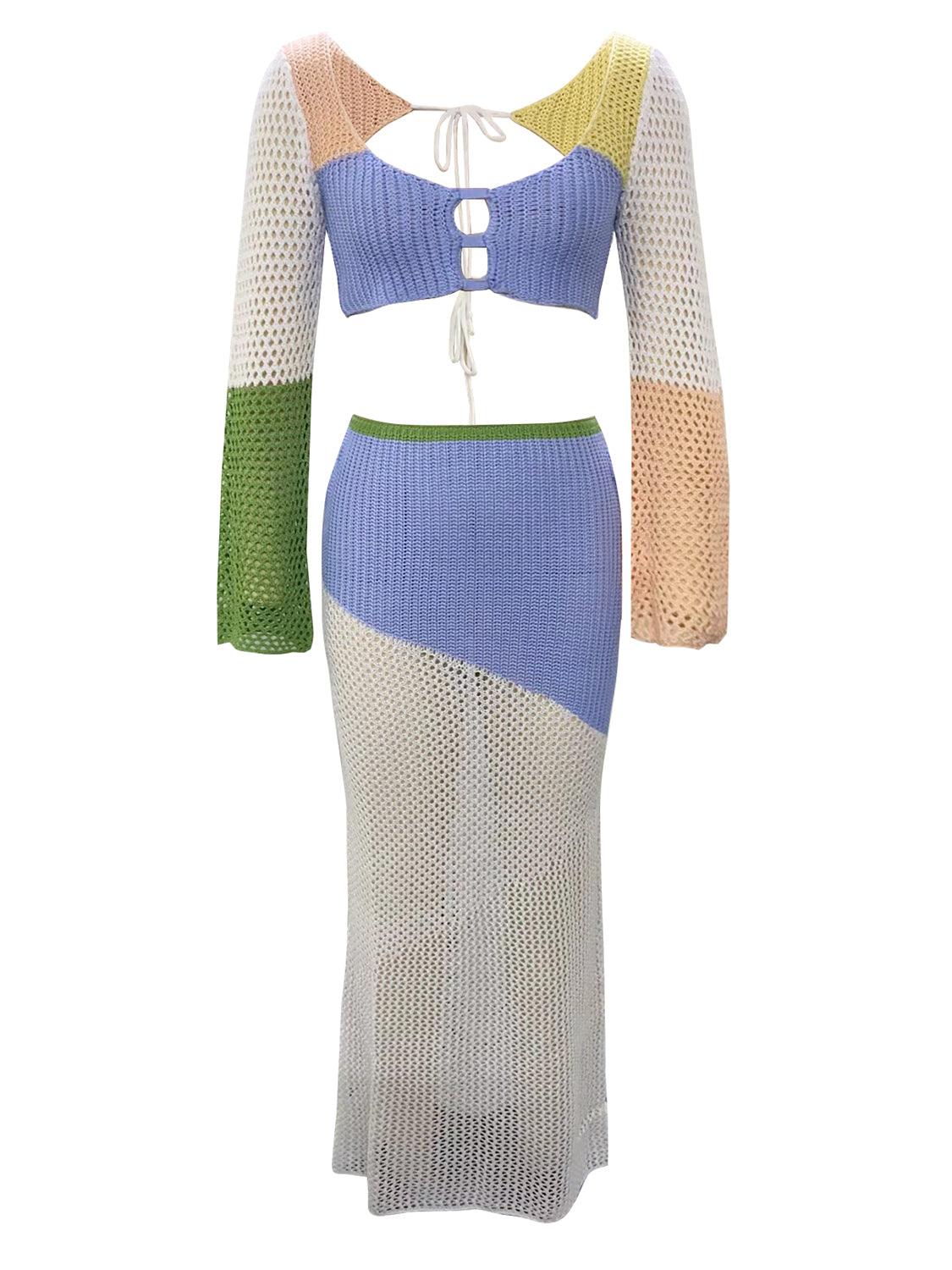 Tied Long Sleeve Top and Skirt Cover Up Set - NawdeX