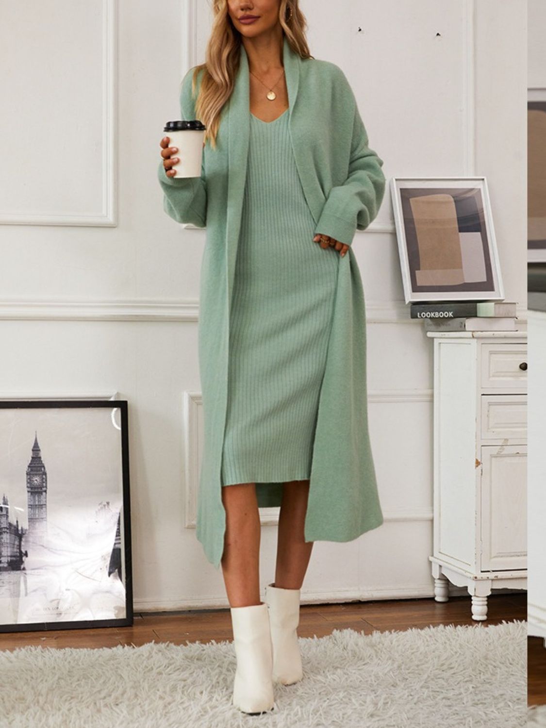 V-Neck Cami Dress and Open Front Cardigan Sweater Set - NawdeX