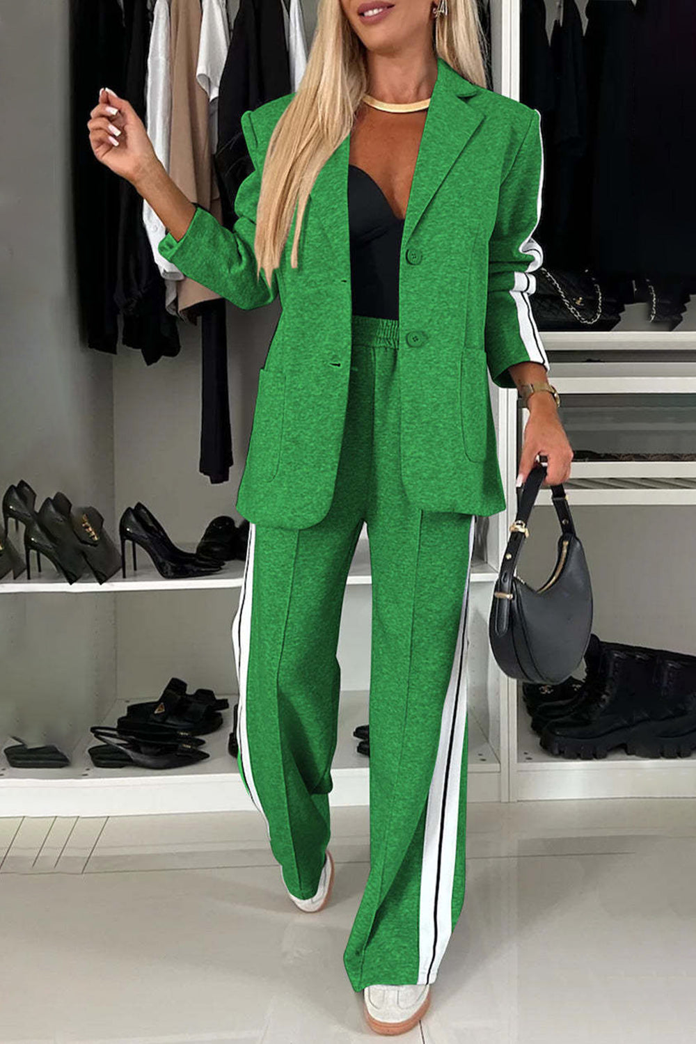 Full Size Contrast Lapel Collar Top and Pants Set - NawdeX
