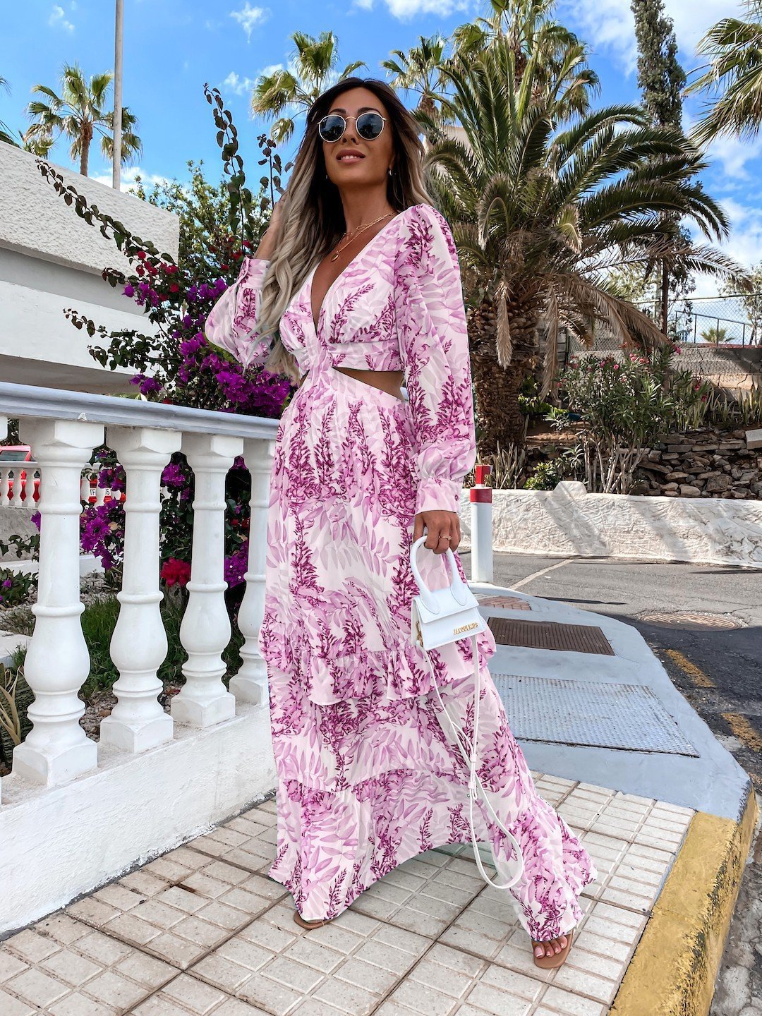 Hollow Floral V-neck Long-sleeved  Dress