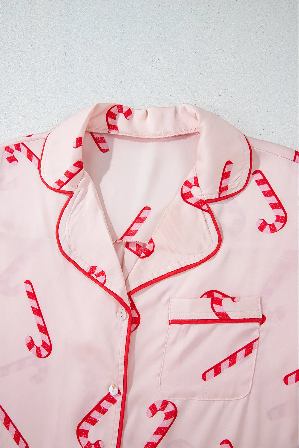 Candy Cane Collared Neck Long Sleeve Top and Shorts Lounge Set - NawdeX