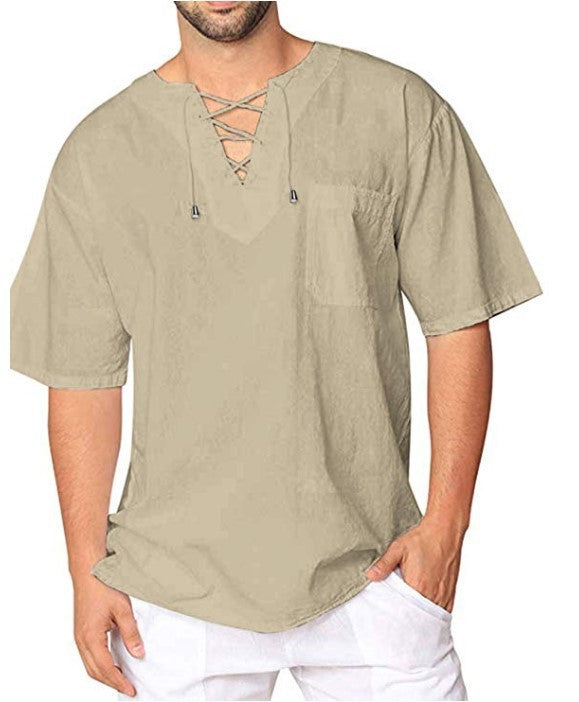 Eyelet Tie Cotton Linen Men's Short Sleeve Shirt - NawdeX
