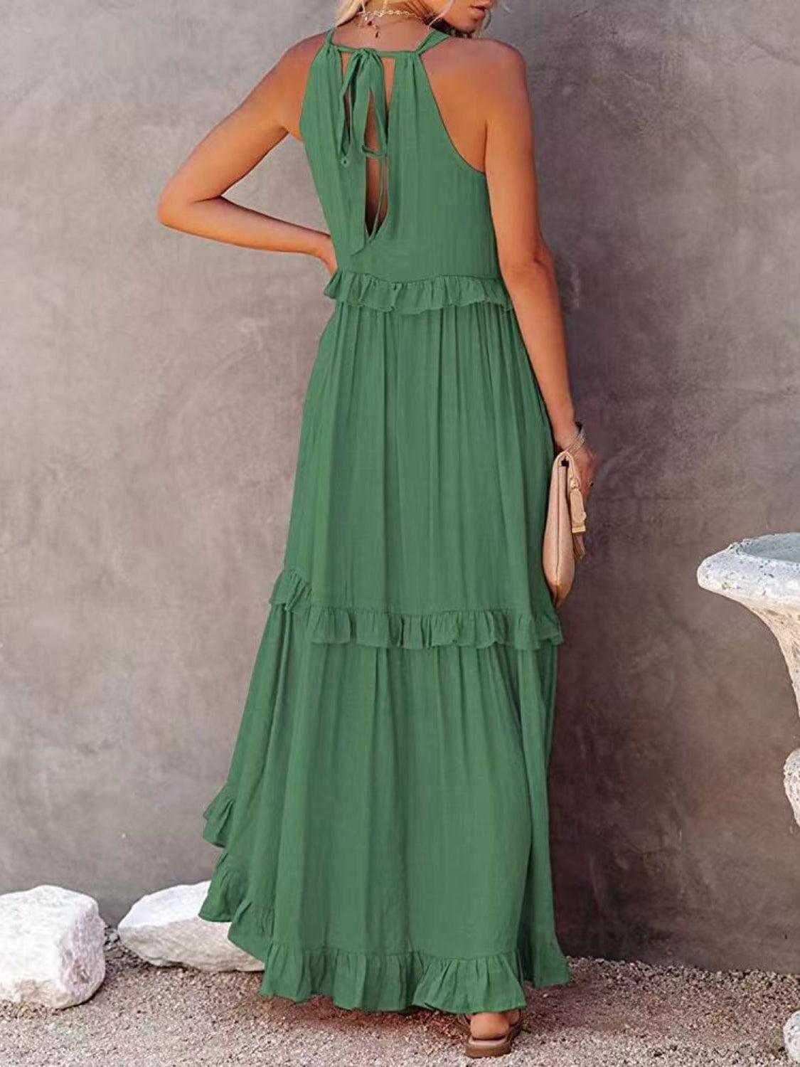 Ruffled Sleeveless Maxi Dress with Pockets - NawdeX