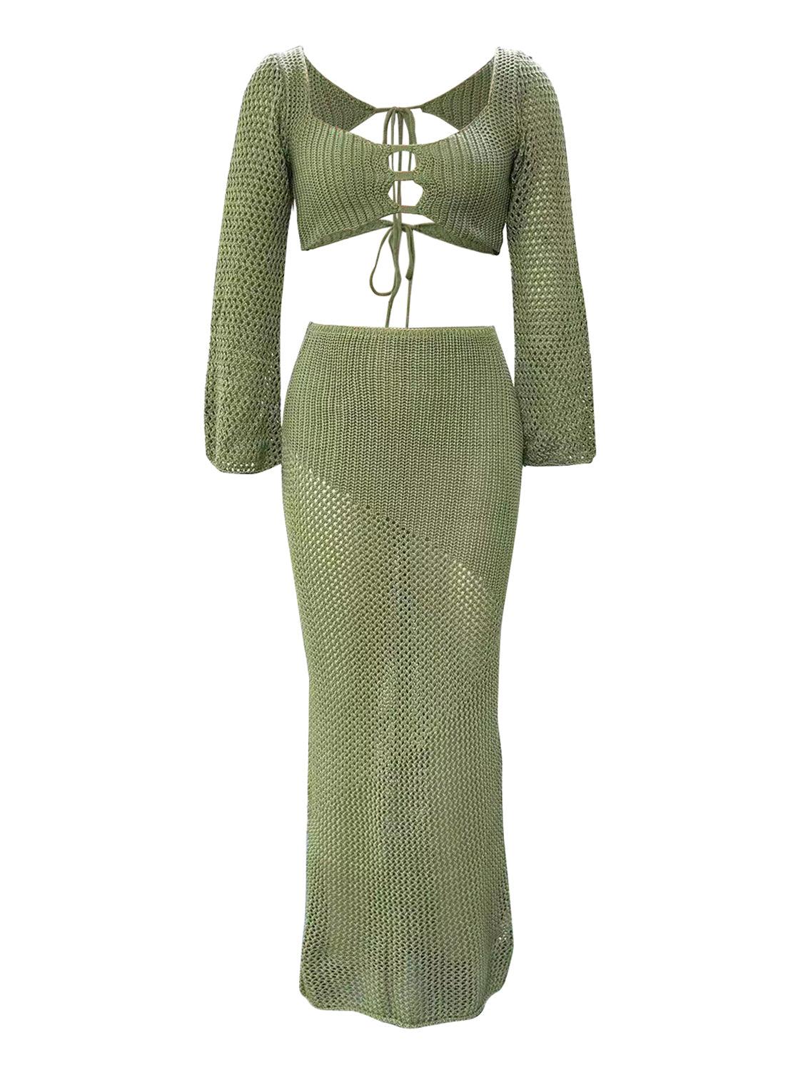 Tied Long Sleeve Top and Skirt Cover Up Set - NawdeX