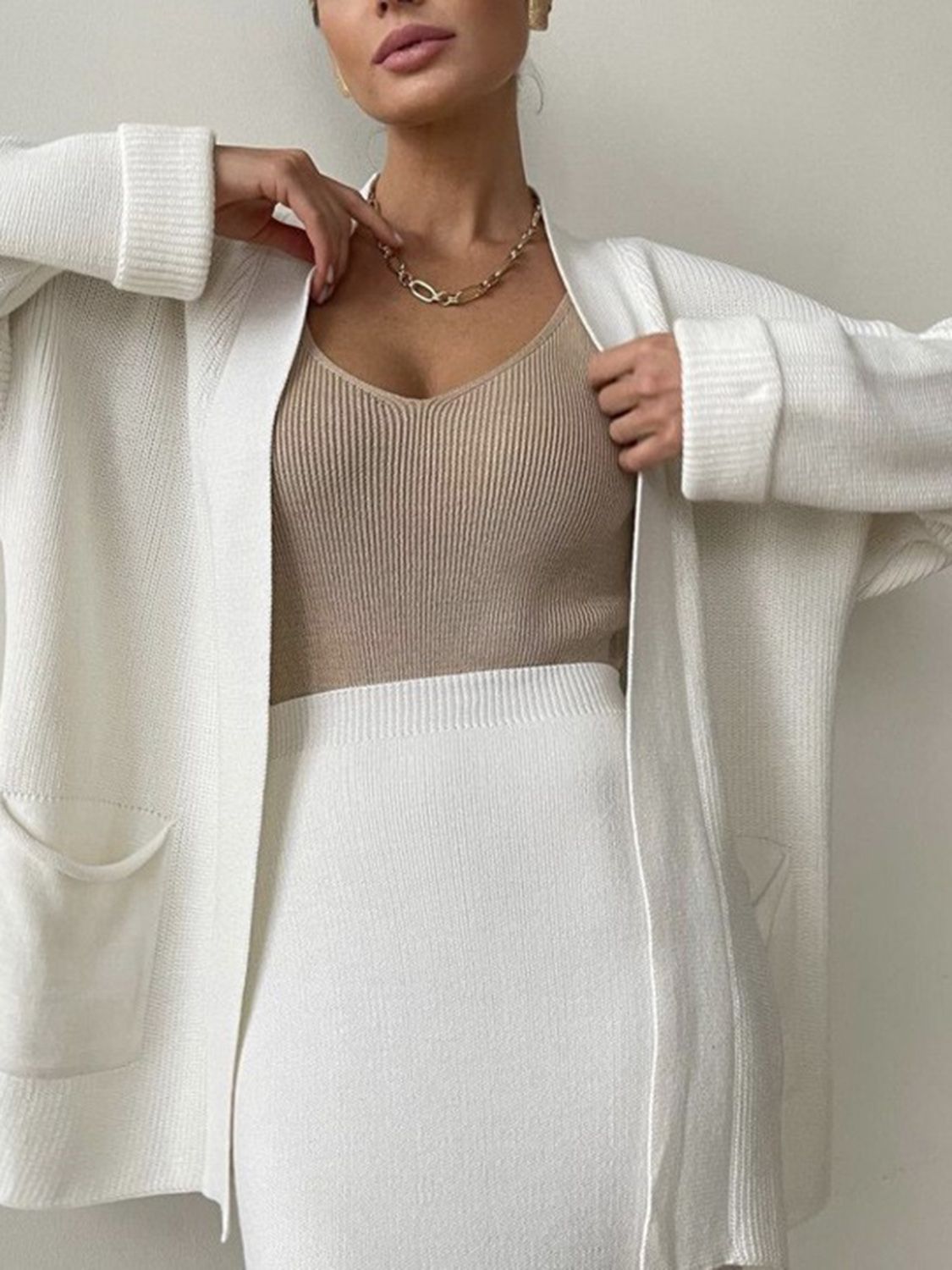 Pocketed Long Sleeve Cardigan and Skirt Sweater Set - NawdeX