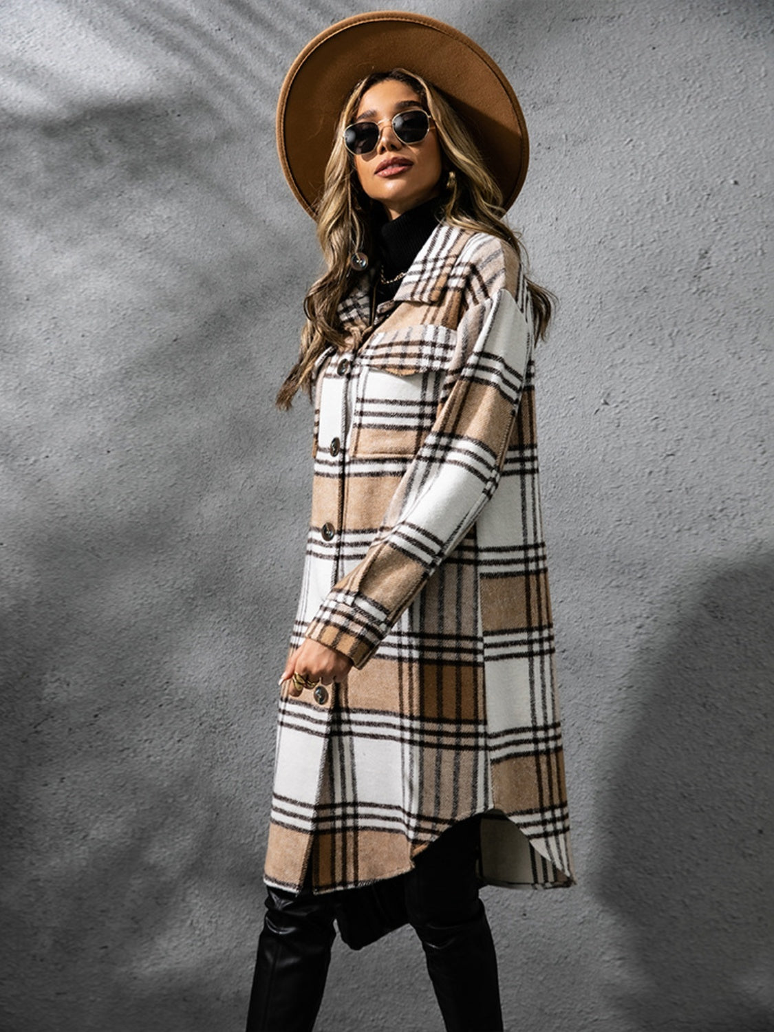 Plaid Collared Neck Long Sleeve Coat - NawdeX