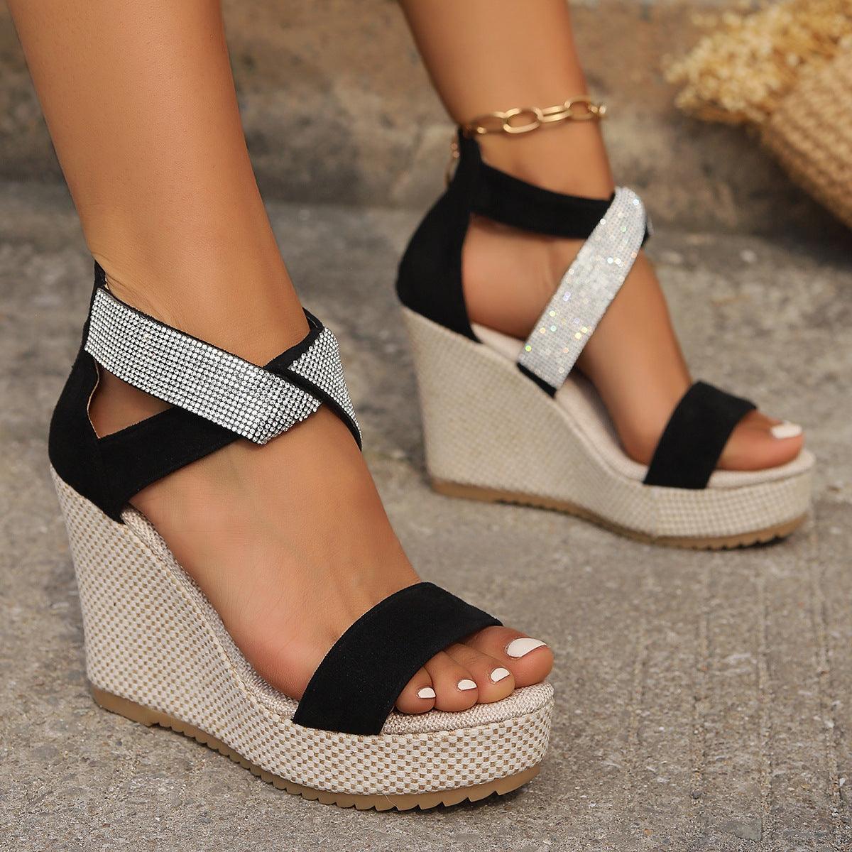 Fish Mouth High Wedges Sandals With Rhinestone - NawdeX