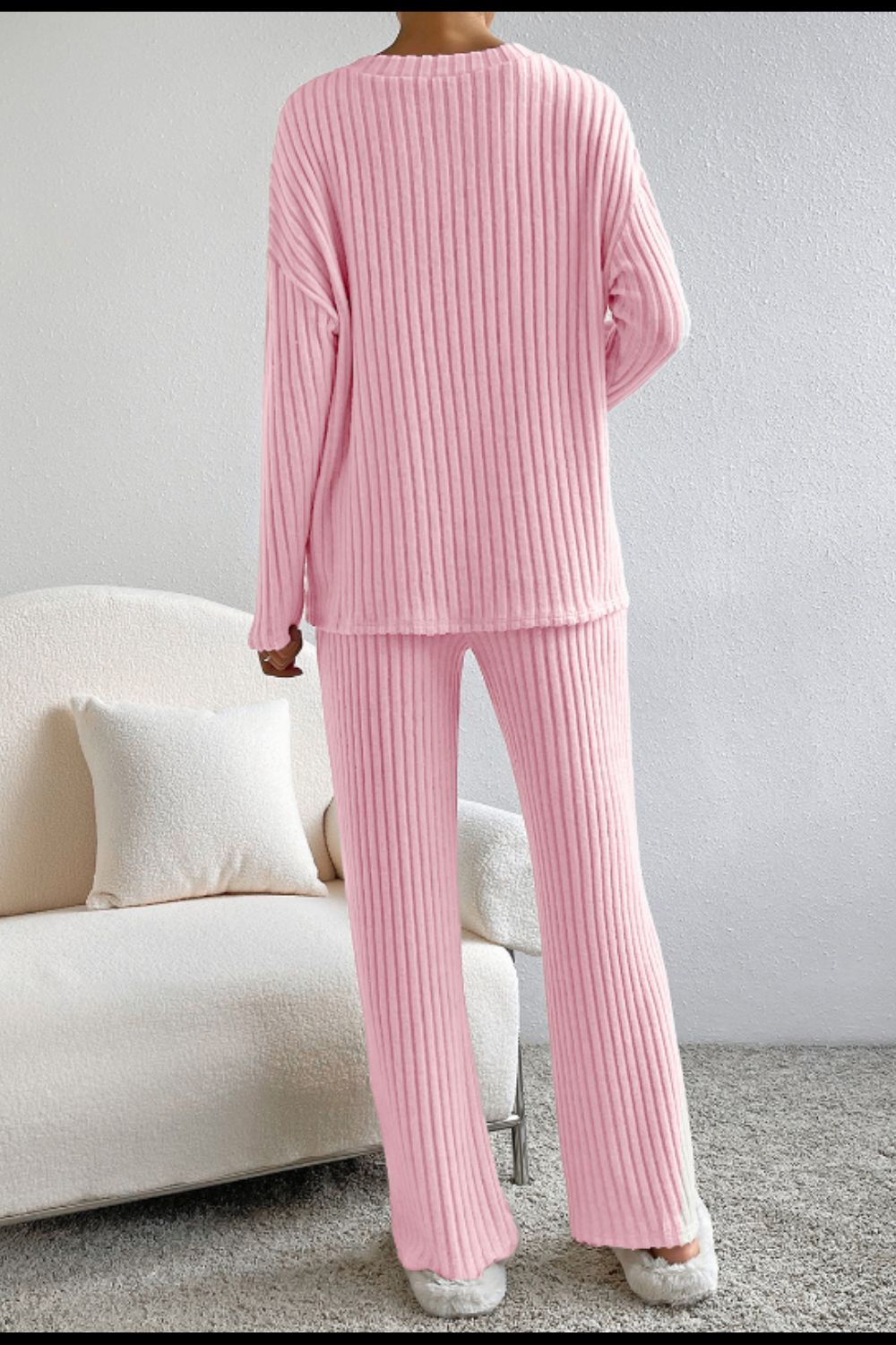 Ribbed V-Neck Top and Pants Lounge Set - NawdeX