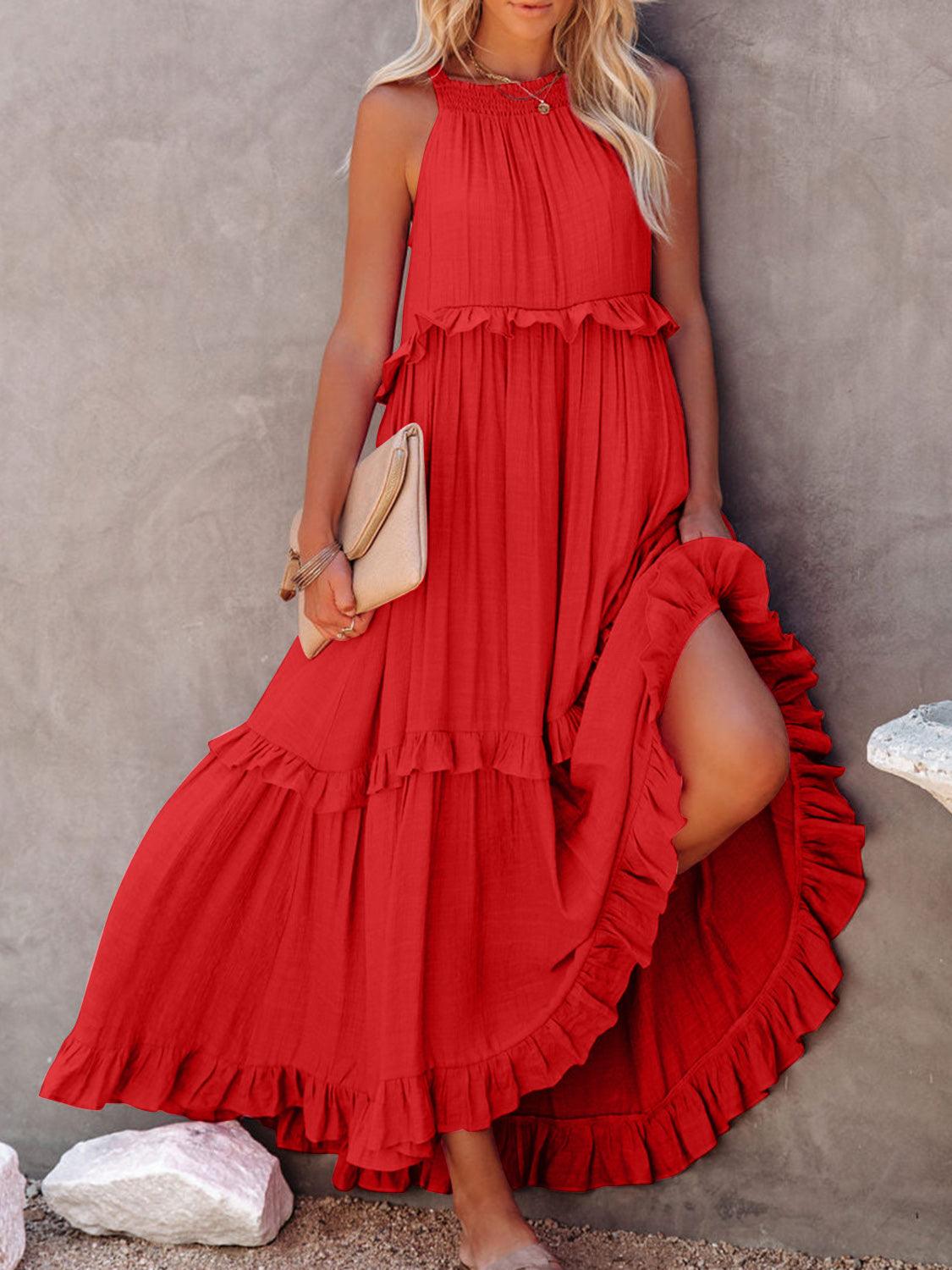 Ruffled Sleeveless Maxi Dress with Pockets - NawdeX