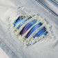 Light Blue Broken Hole Colorful Gradient Patch Slim Stretch Jeans - NawdeX
