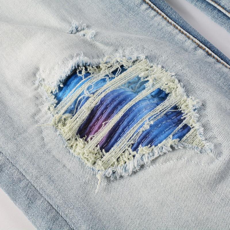 Light Blue Broken Hole Colorful Gradient Patch Slim Stretch Jeans - NawdeX