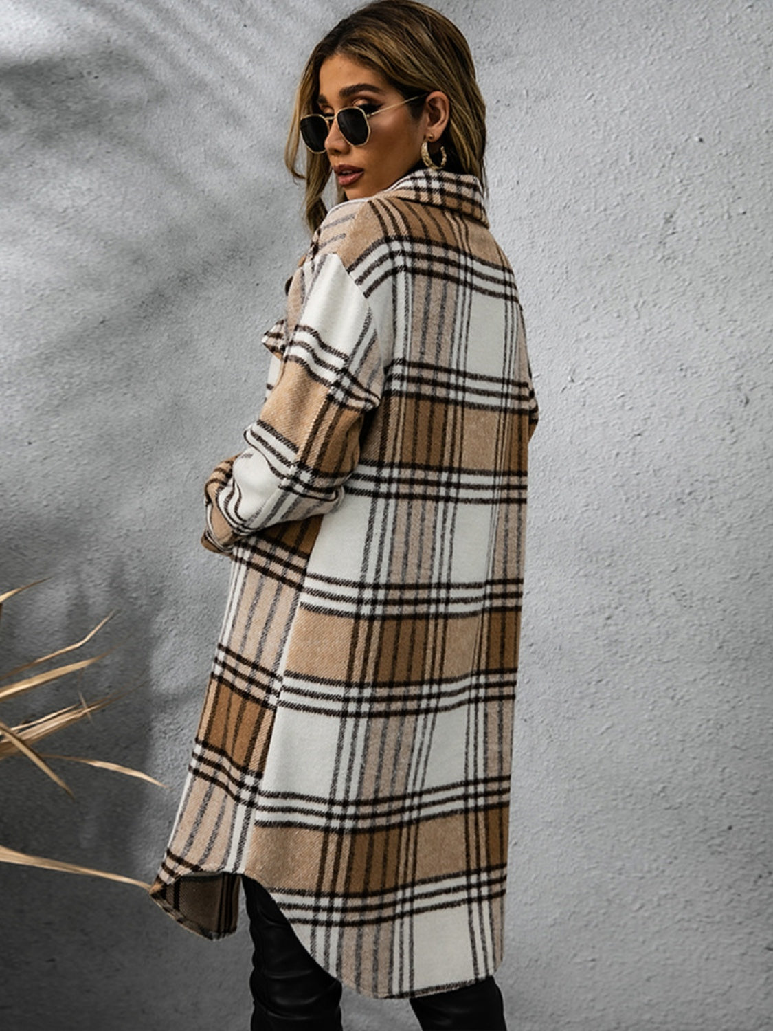 Plaid Collared Neck Long Sleeve Coat - NawdeX