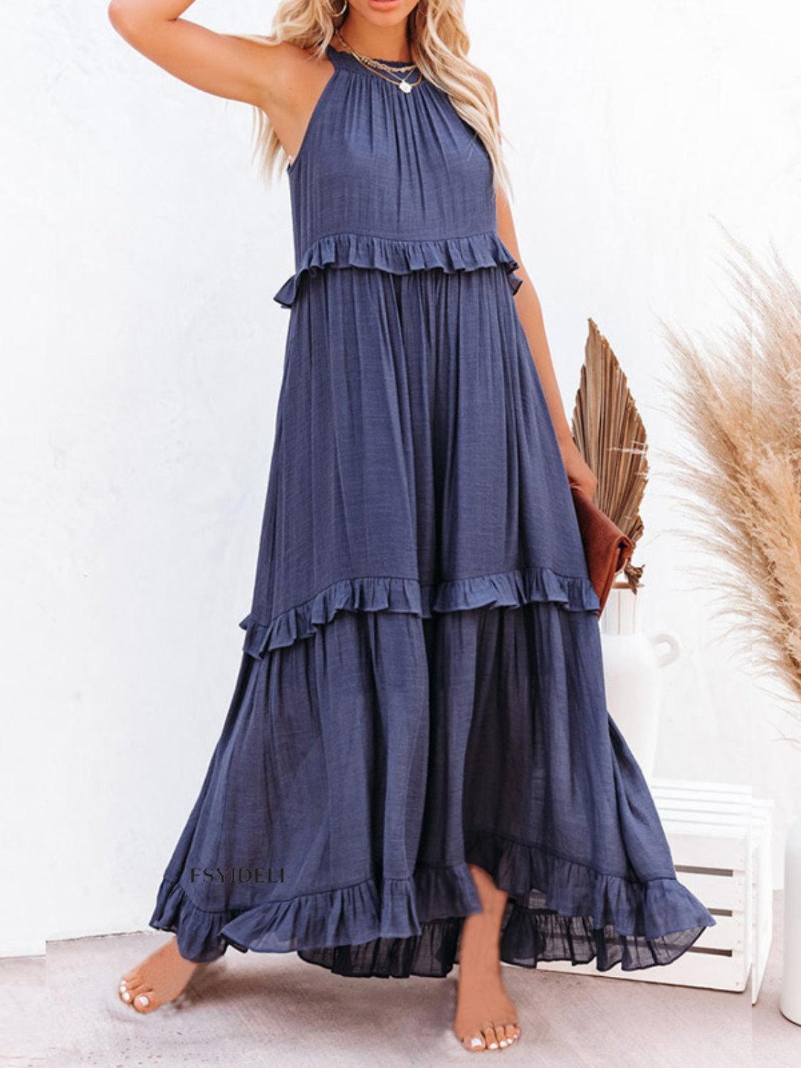 Ruffled Sleeveless Maxi Dress with Pockets - NawdeX