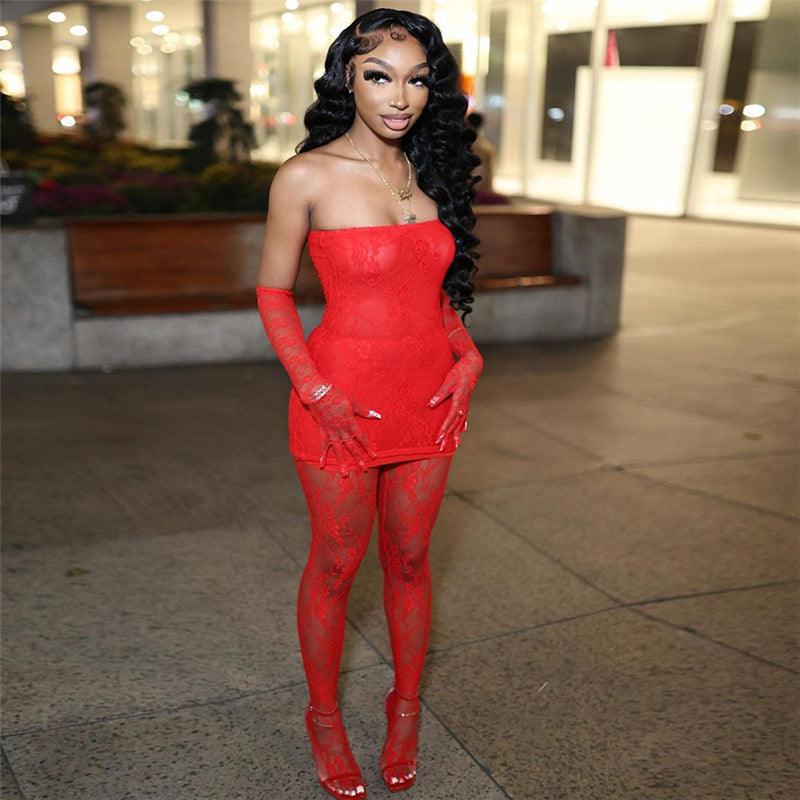 Women's Fashion Lace Tube Top High Waist Tight Body Stocking Long Pants Suit - NawdeX