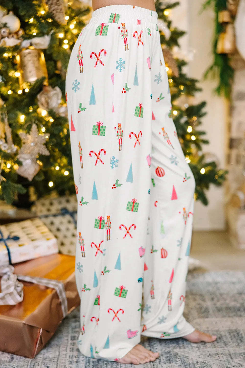 Printed Collared Neck Long Sleeve Top and Pants Lounge Set - NawdeX