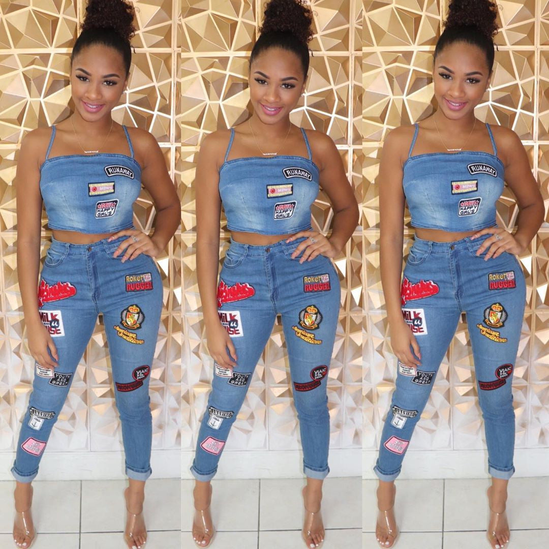 Cartoon patch cuffed jeans suit - NawdeX