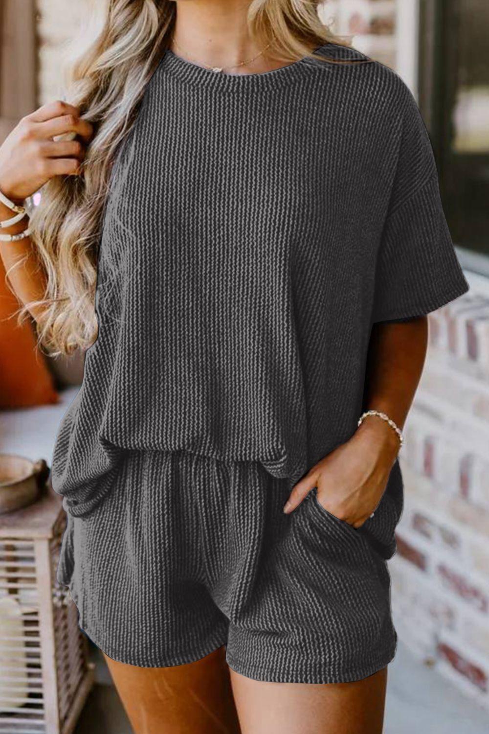 Textured Round Neck Top and Shorts Set - NawdeX