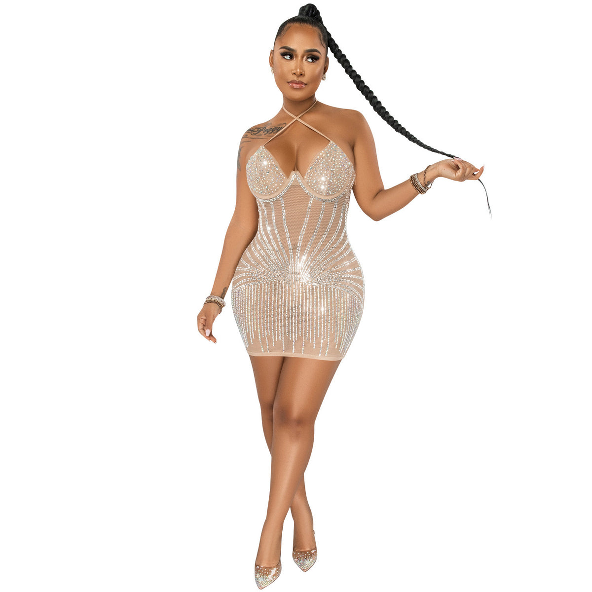 Sling Wrapped  Rhinestone Mesh  Dress