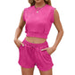 Solid Color Wave Pattern Design Suit For Women Casual Round Neck Sleeveless Top And Drawstring Design Shorts Fashion 2-piece Set Summer Clothing - NawdeX