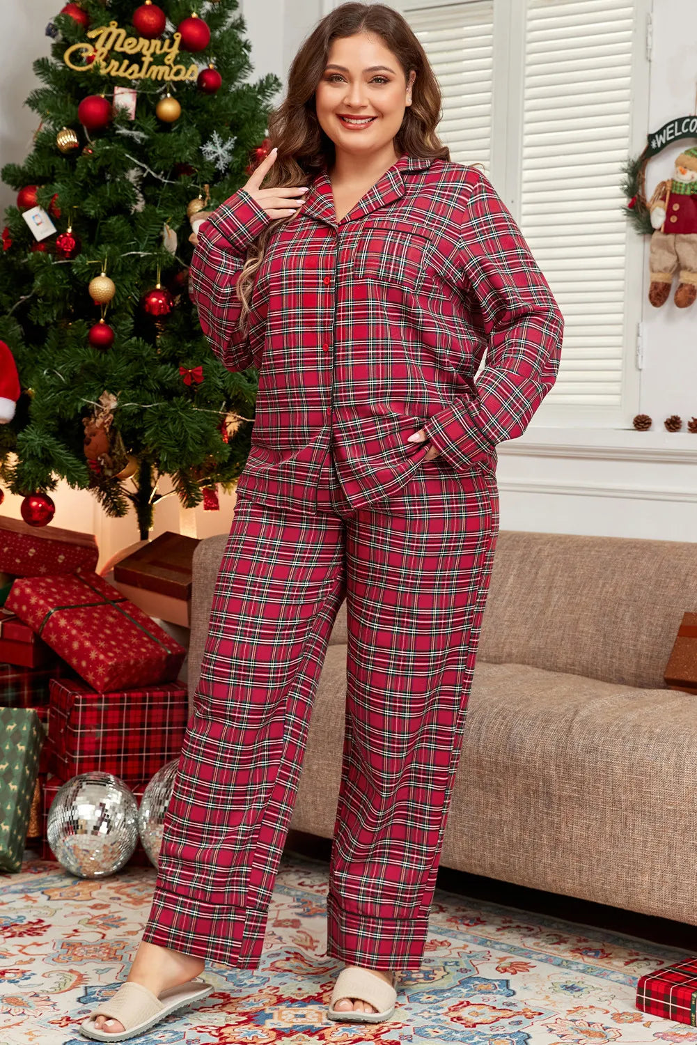 Plus Size Plaid Collared Neck Top and Pants Lounge Set - NawdeX