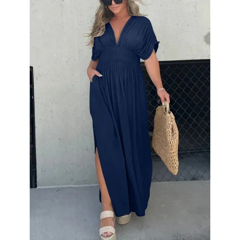 Fashion Bat-sleeved V-neck Slit Dress Summer