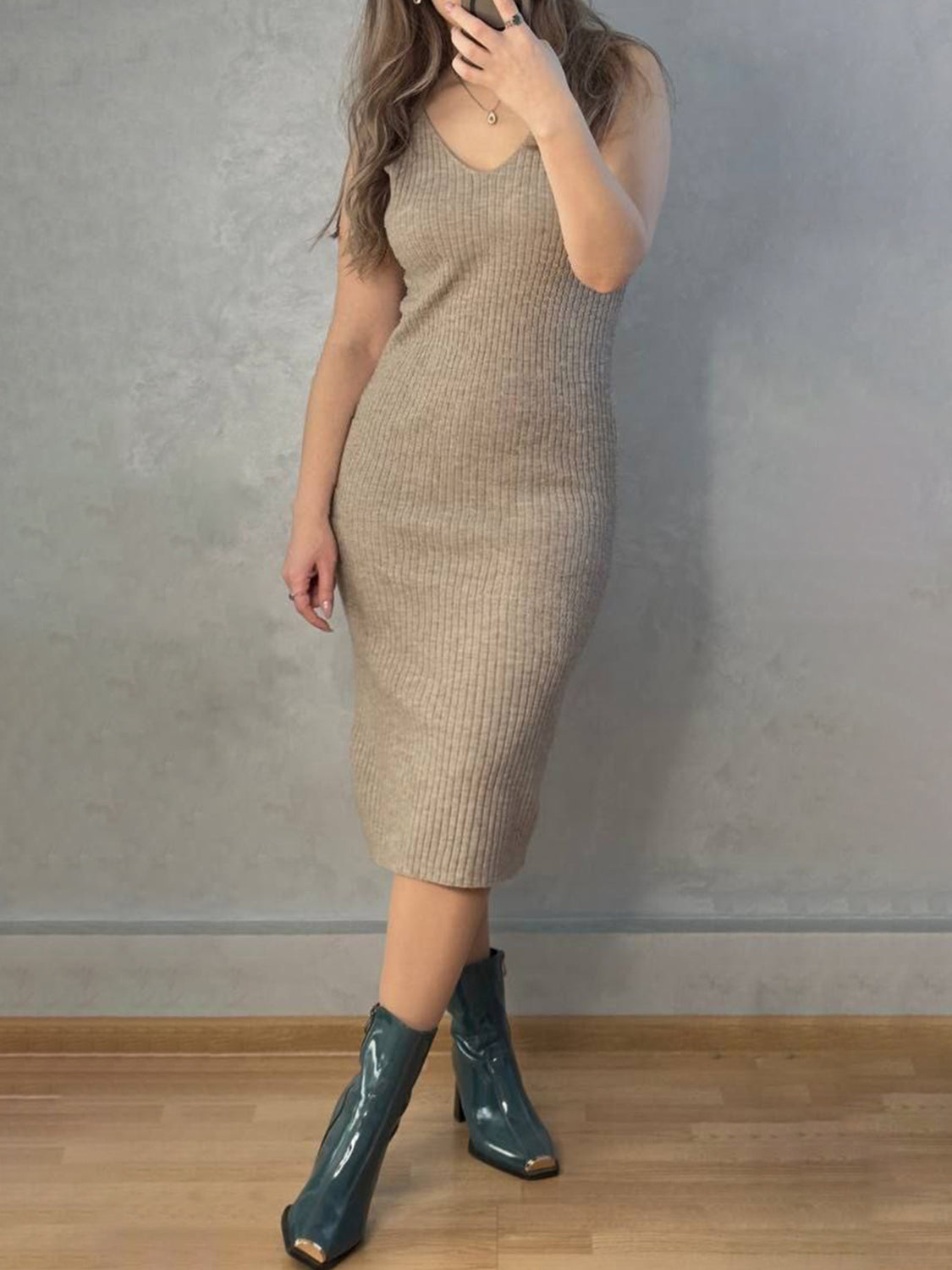 V-Neck Cami Dress and Open Front Cardigan Sweater Set - NawdeX
