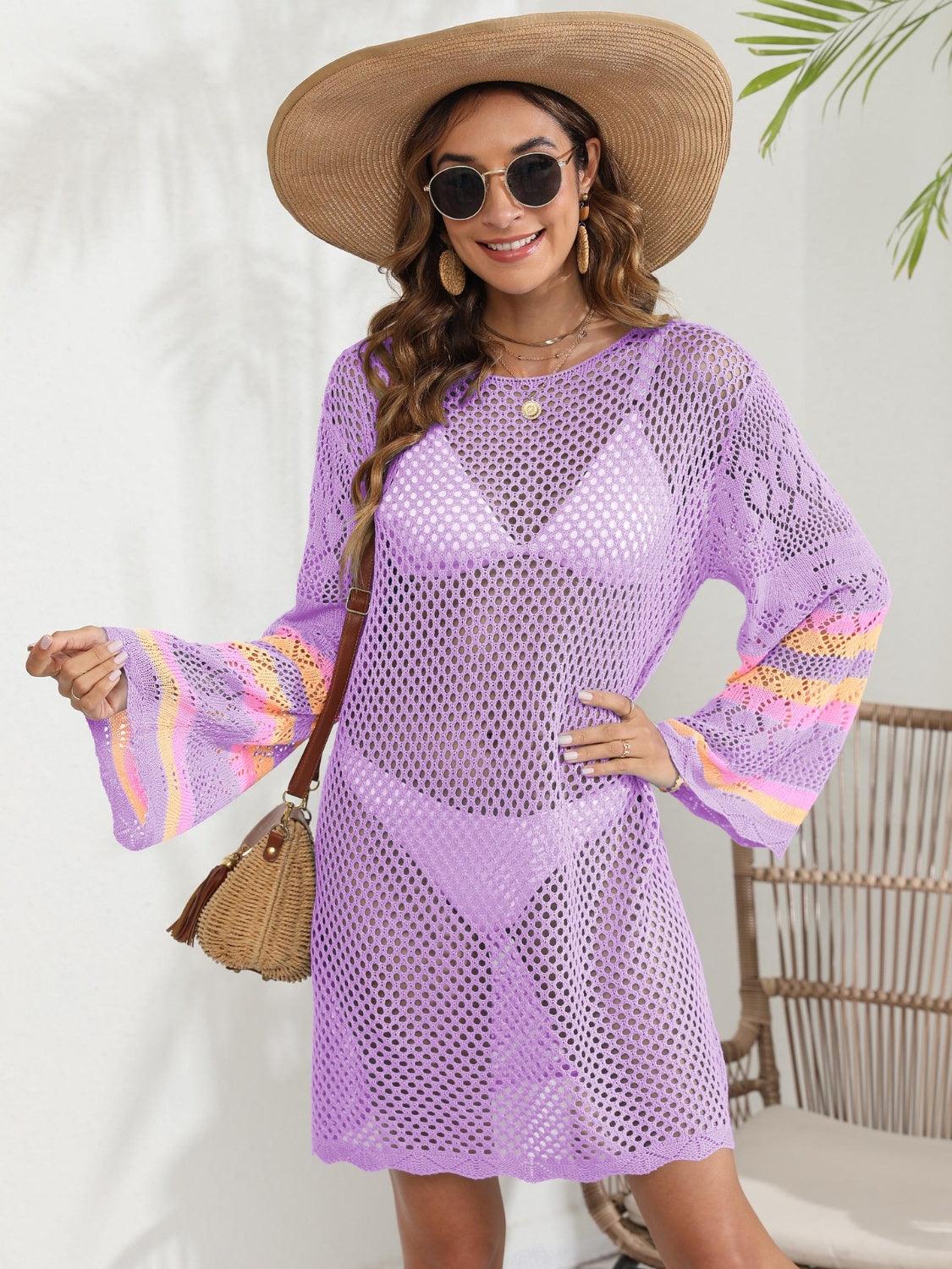 Openwork Contrast Long Sleeve Cover-Up - NawdeX