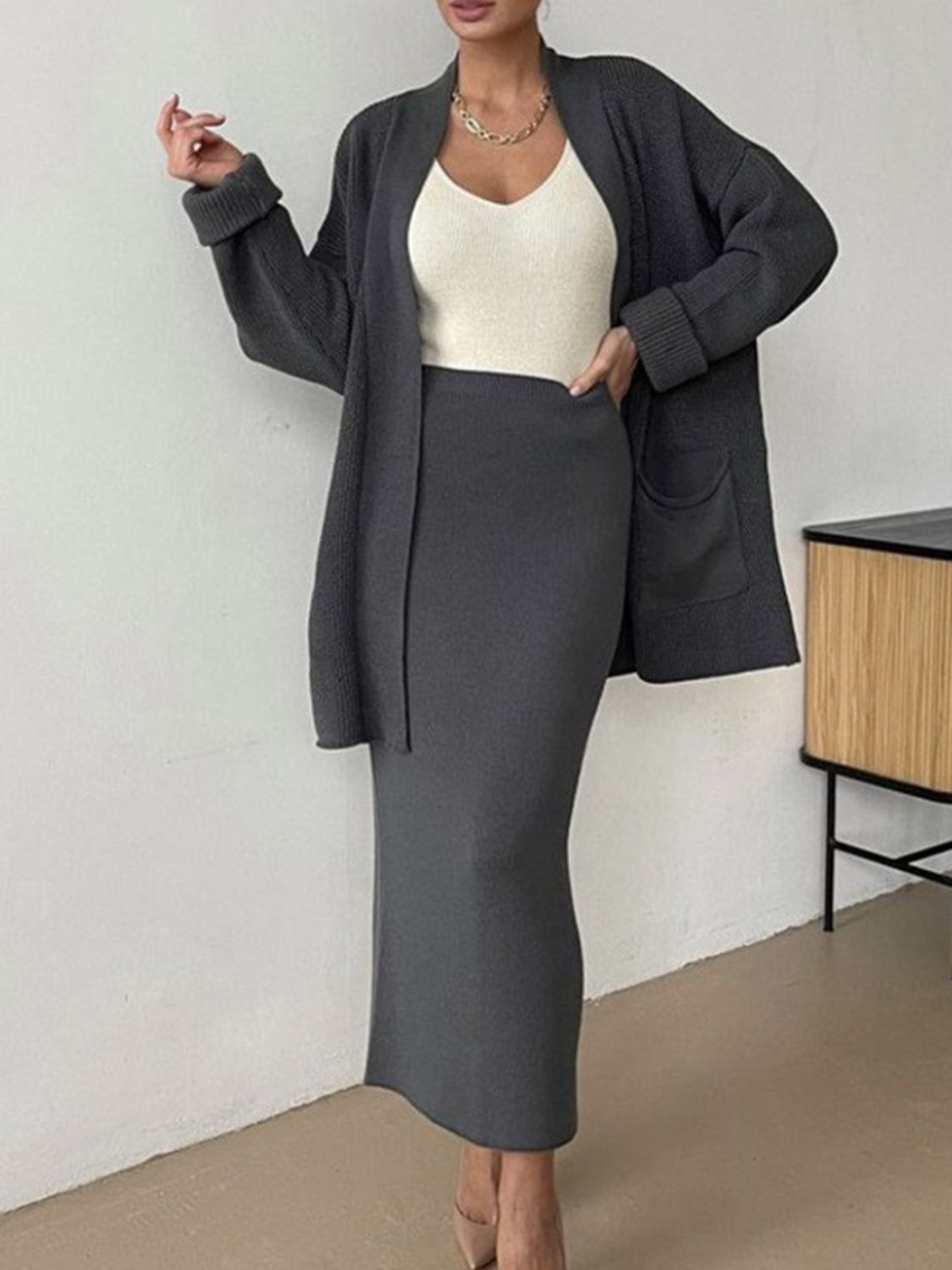 Pocketed Long Sleeve Cardigan and Skirt Sweater Set - NawdeX