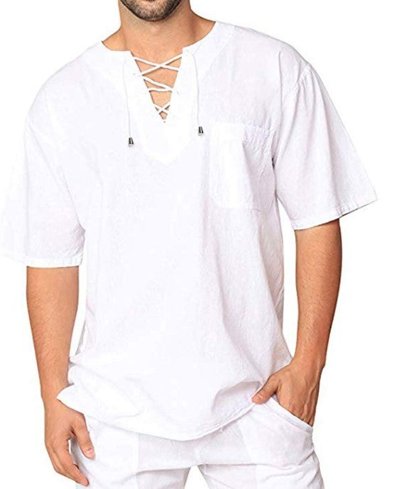 Eyelet Tie Cotton Linen Men's Short Sleeve Shirt - NawdeX