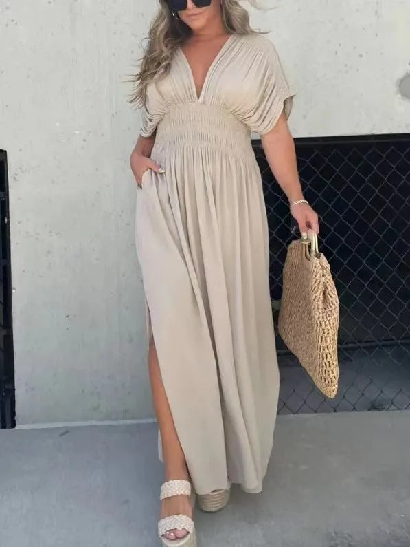 Fashion Bat-sleeved V-neck Slit Dress Summer