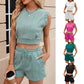 Solid Color Wave Pattern Design Suit For Women Casual Round Neck Sleeveless Top And Drawstring Design Shorts Fashion 2-piece Set Summer Clothing - NawdeX