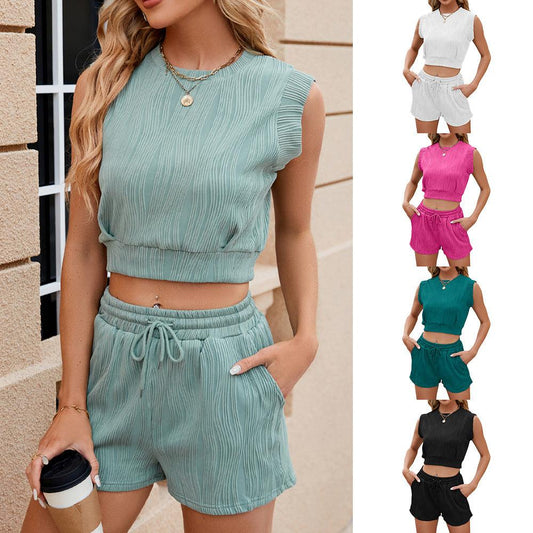 Solid Color Wave Pattern Design Suit For Women Casual Round Neck Sleeveless Top And Drawstring Design Shorts Fashion 2-piece Set Summer Clothing - NawdeX